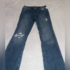 mj Maurices super high rise distressed dark wash blue jeans woman’s medium